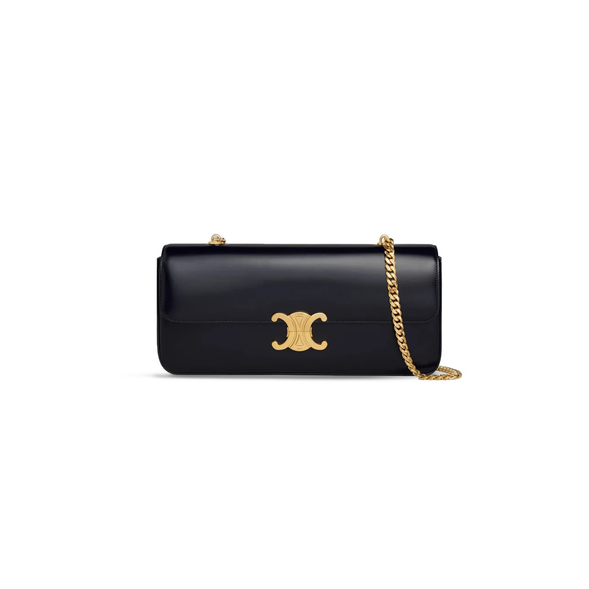 CELINE CHAIN SHOULDER BAG IN TRIOMPHE CANVAS GLOSSY CALFSKIN 197413BF4.38NO (33*13*5cm)